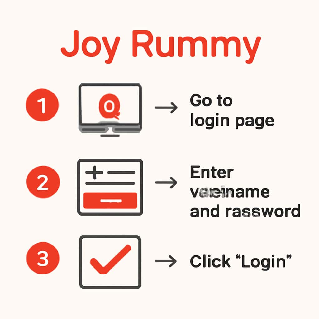 An educational diagram illustrating the login steps for Joy Rummy.