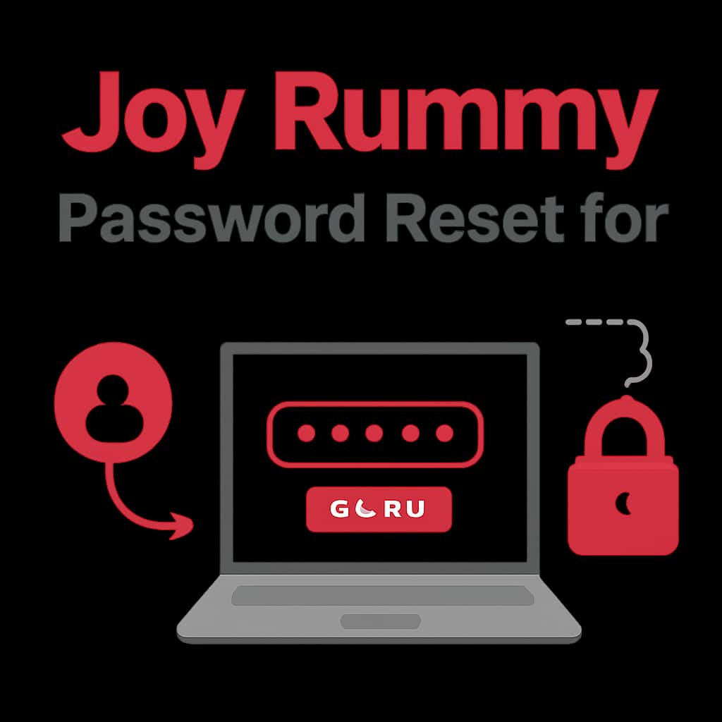 An educational illustration detailing the password reset steps for Joy Rummy.