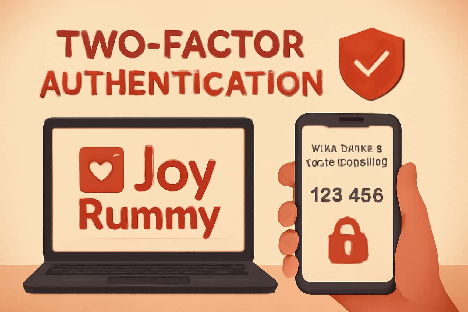 An educational scene illustrating the concept of Two-Factor Authentication, featuring the text Joy Rummy.
